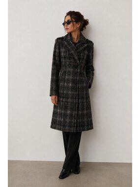 United Colors of Benetton Gray Plaid Wool Blend Peacoat Double Breasted Coat M